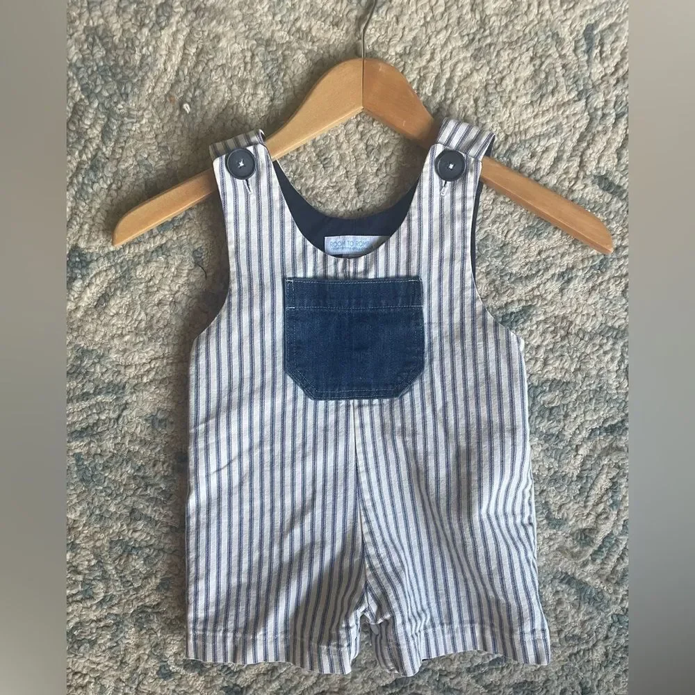 Room to Roup Baby Blue white Lined overalls striped denim Button Overalls Sz 18m